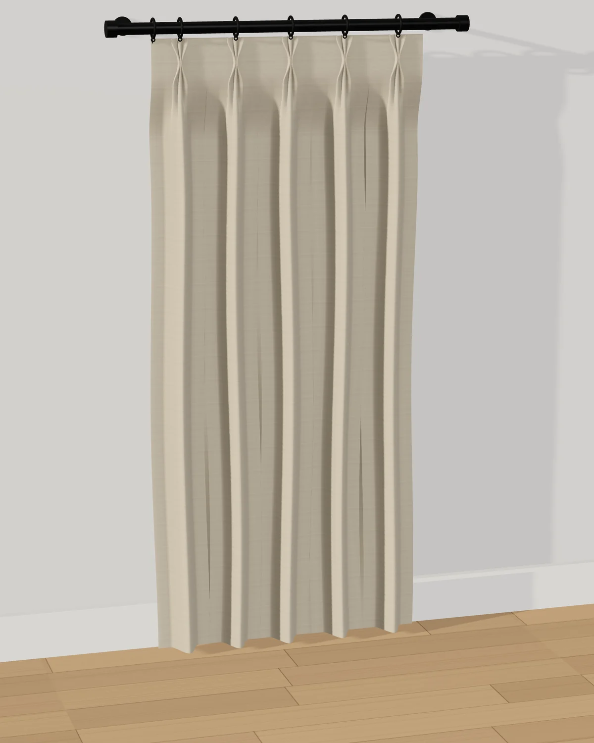 Pinch-pleat linen drapery at 1.5 times fullness: five pleats with flat, stretched fabric between them.