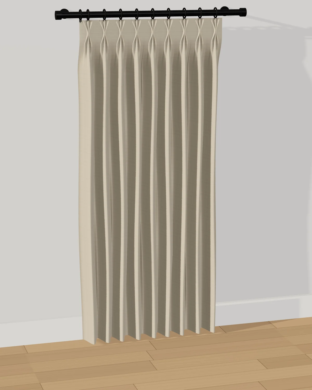 Pinch-pleat linen drapery at 2.5 times fullness: nine close-set pleats and deep, continuous folds to the hem.