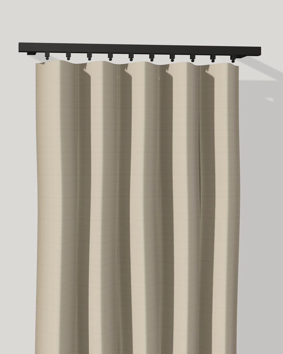 Linen ripplefold drapery hanging from snap carriers on a track, in one continuous even wave.