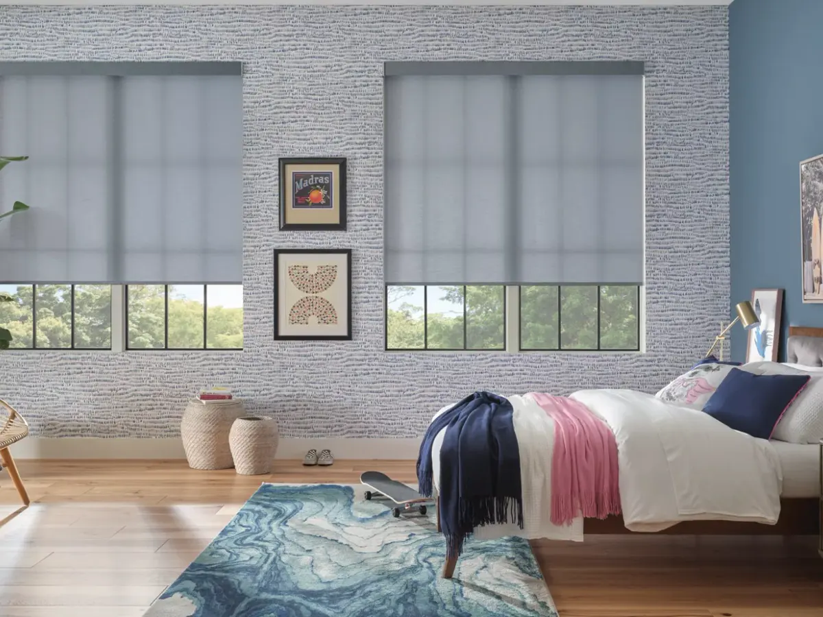 Hunter Douglas Designer screen roller shade cutting glare while keeping the water view