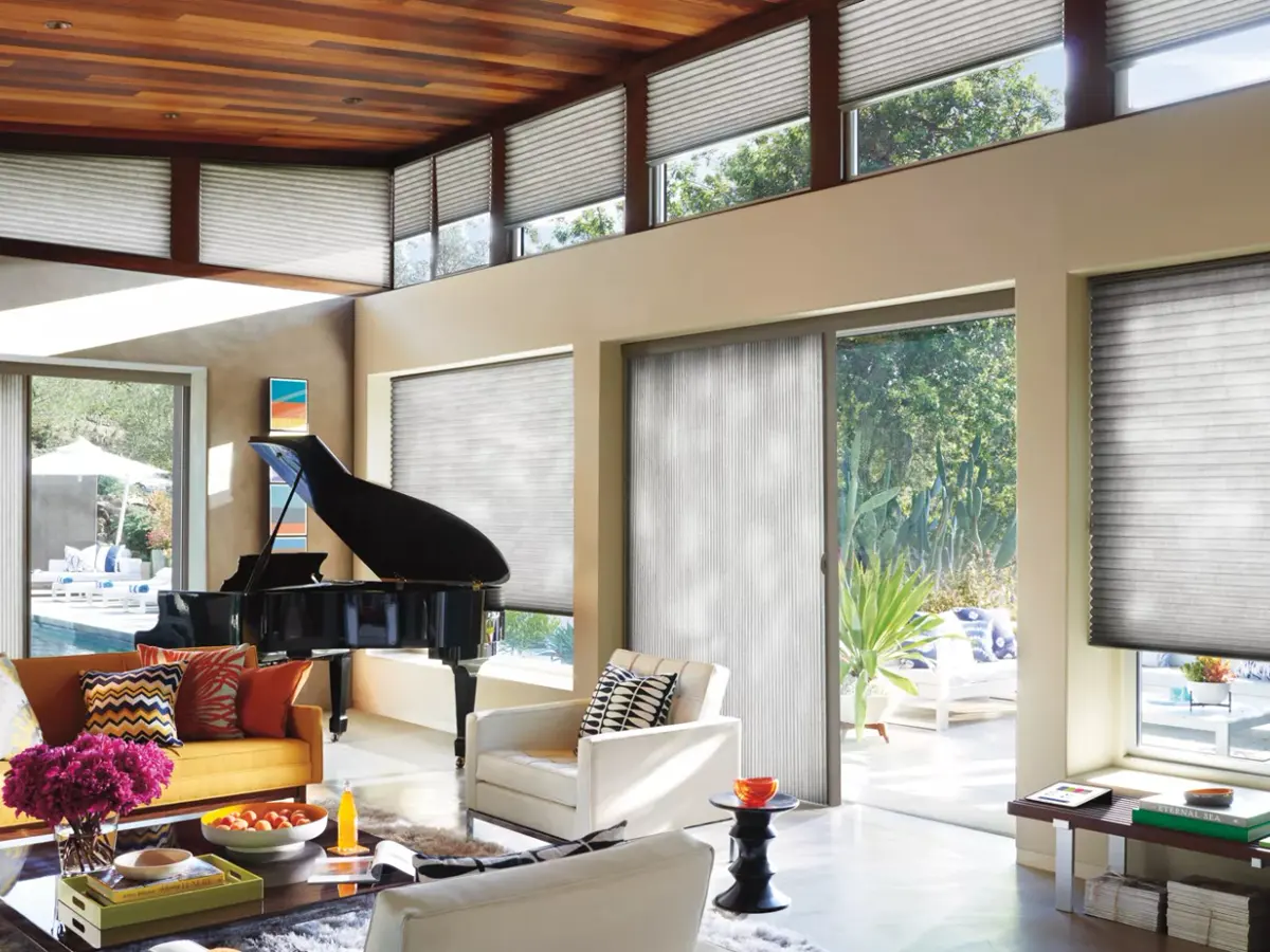 Hunter Douglas Duette honeycomb shades across a wall of windows in a light-filled living room, the pleated cells visible against the glass