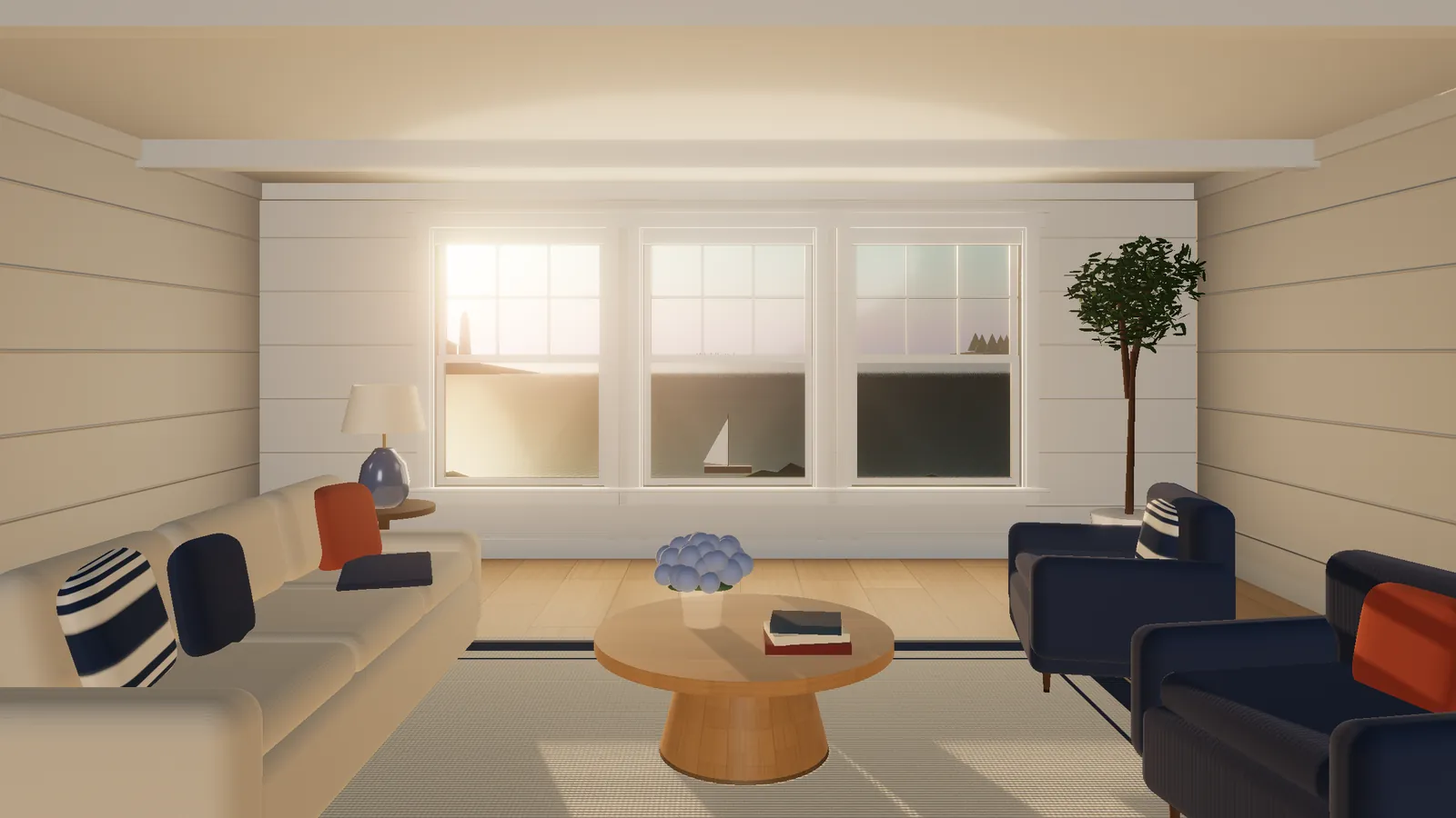 3D rendering of a Cape Elizabeth living room: linen sofa, navy armchairs, oak floor and three windows facing the ocean and Portland Head Light, with Lutron shades.