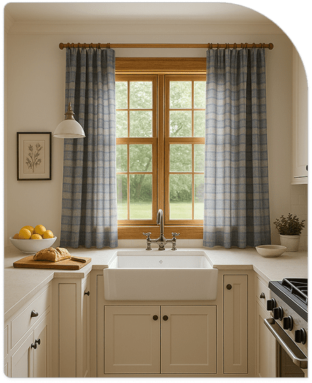 Custom drapery panels installed on a kitchen window