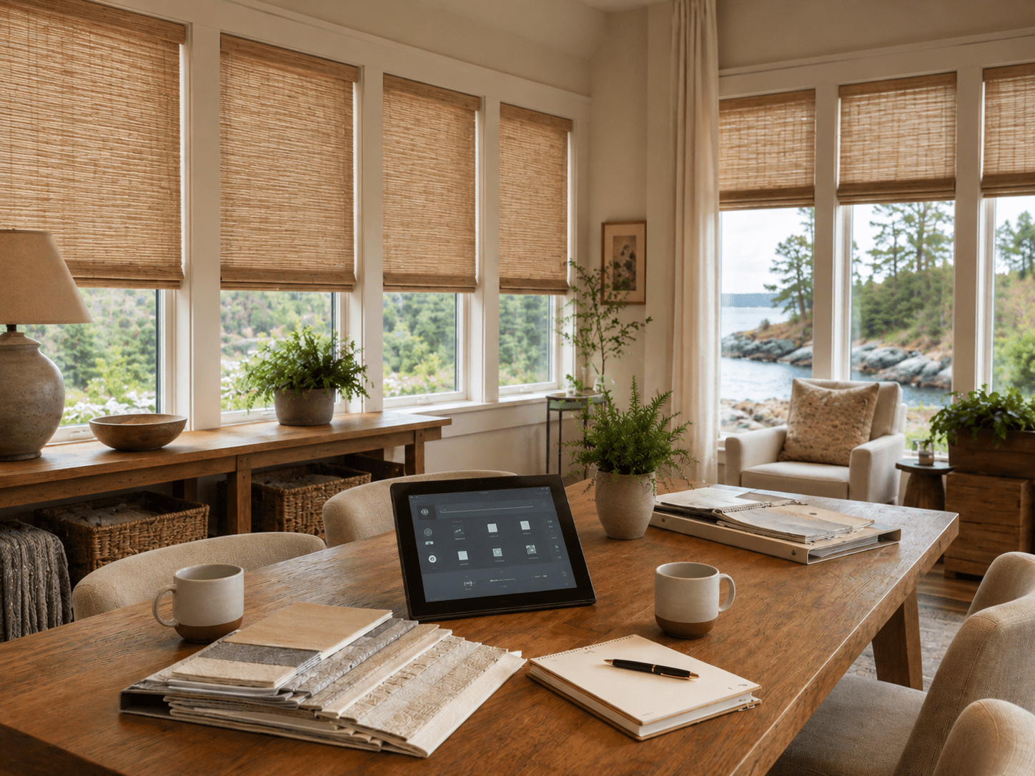 Wooden consultation table with fabric sample books, coffee, and a tablet showing a home automation app inside the Accent on Windows showroom in Portland Maine