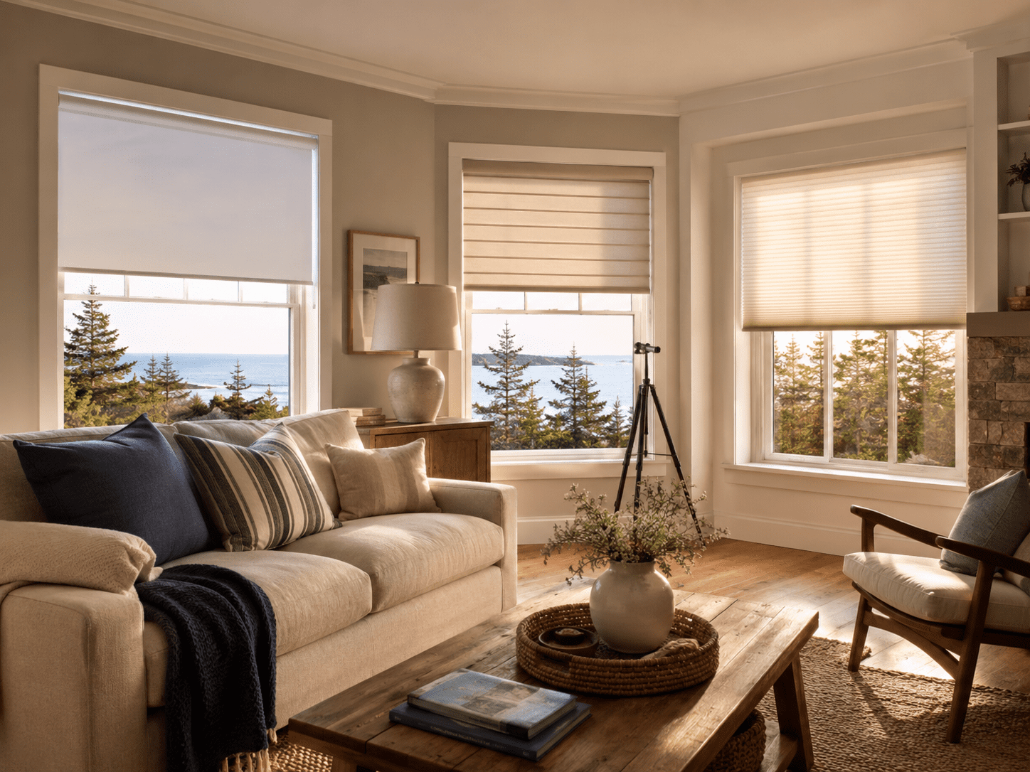 Three styles of motorized window shades — roller, horizontal fabric, and cellular — installed in a Maine coastal living room with afternoon light