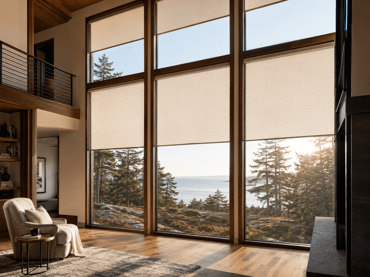 Floor-to-ceiling motorized roller shades synchronized at the same height in a two-story Maine coastal great room with morning light