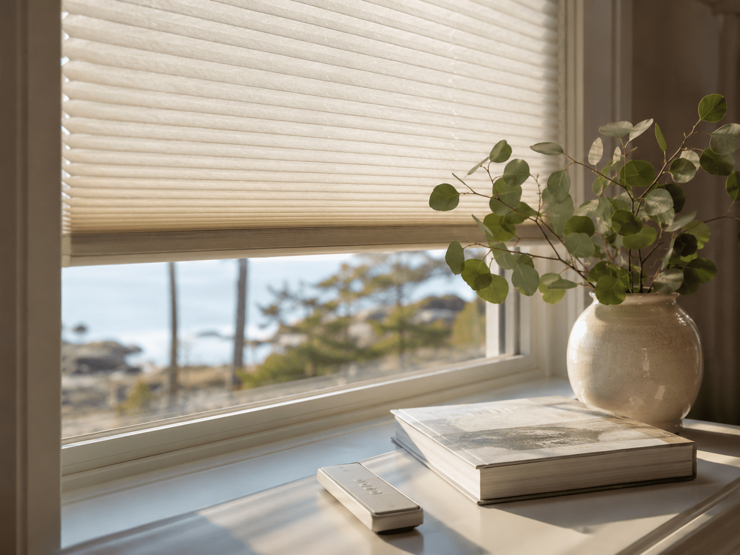 Close-up of a premium motorized cellular honeycomb shade in warm white with a remote control on a sunlit Maine home windowsill